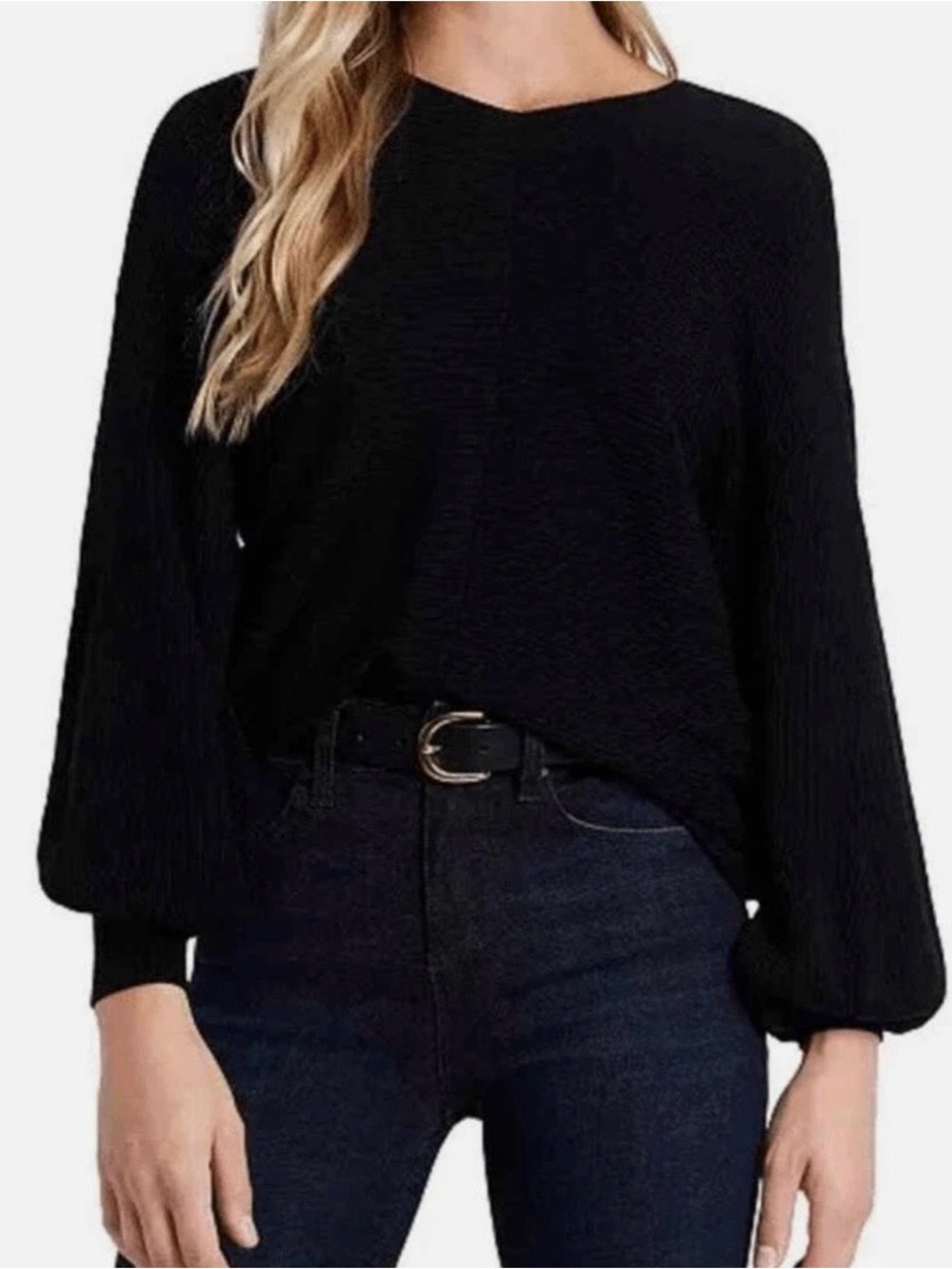 1.State Women’s Pullover Black Knit  Ribbed Sweater Bubble Sleeve V-neck Small - Picture 2 of 5